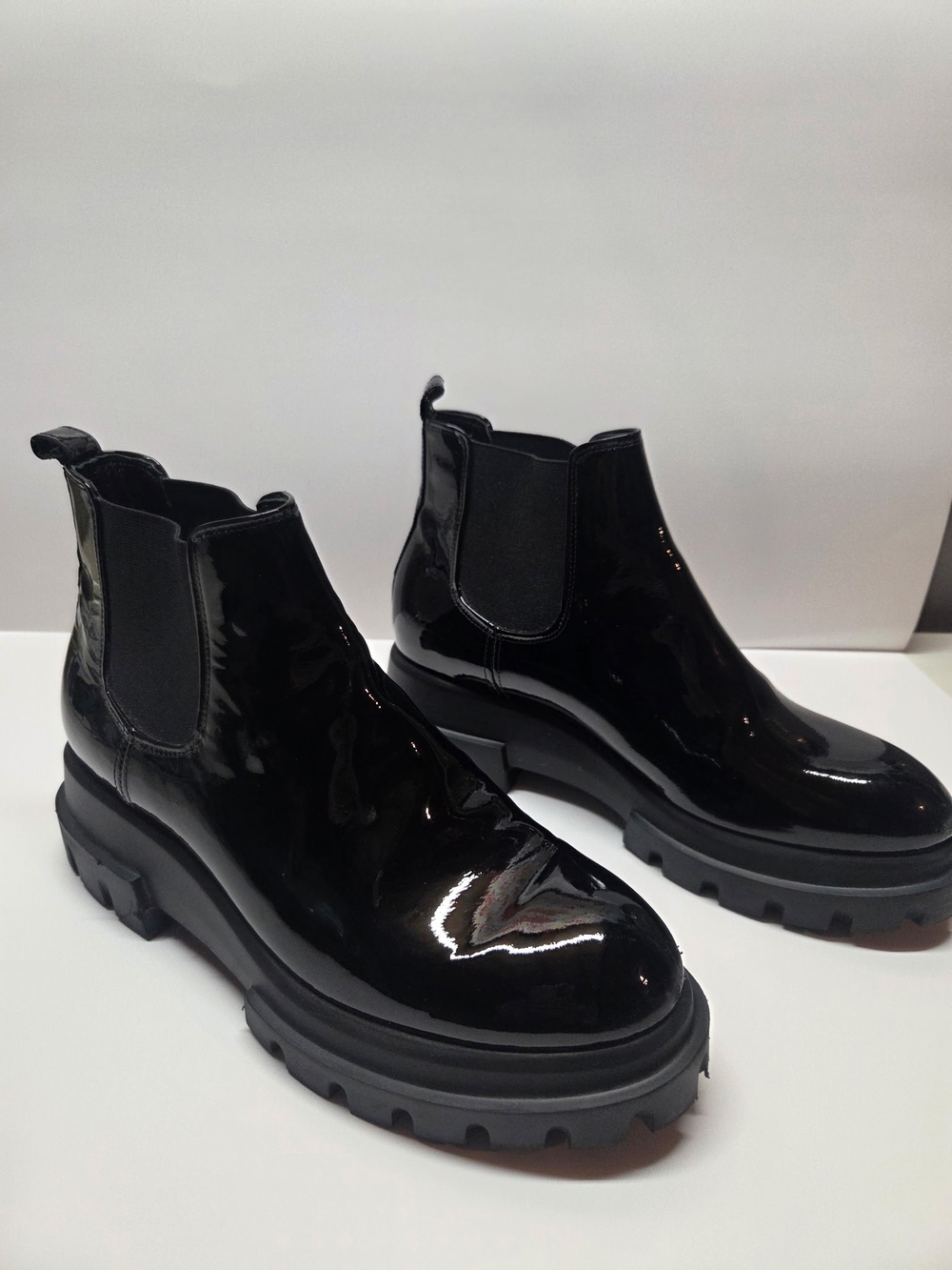 Agl Black Patent Chelsea Lug-Sole Ankle Boots